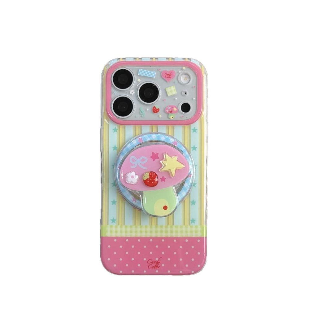 Ins-Style Colorful Stripe Mushroom Magnetic Case for iPhone 17 Pro Max, Apple Models 14-16, Girls