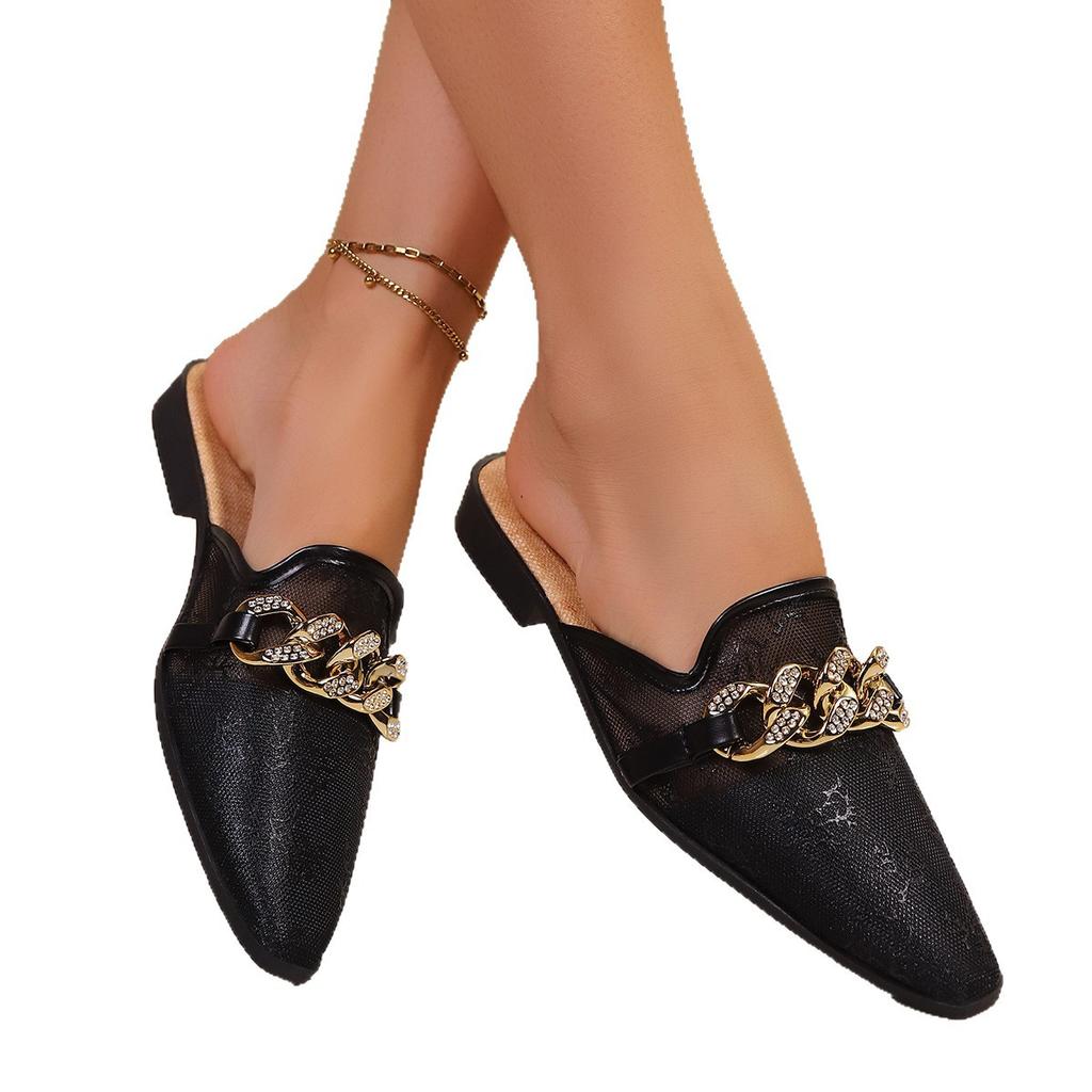 Fashion Women's Pointed Toe Shallow Mouth Slippers Summer New Baotou Shallow Mouth Metal Chain Non-Slip Low Heel Shoes Women Slippers