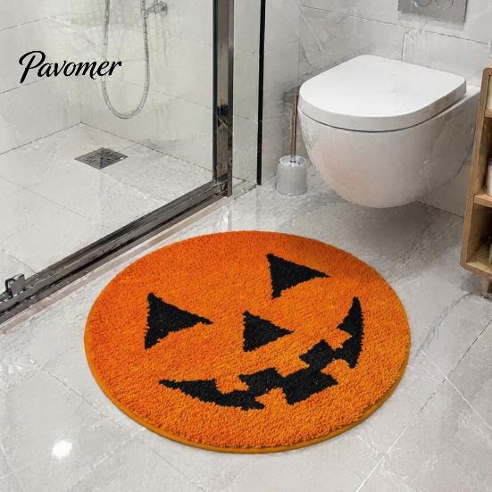 Stain Resistant Living Room Mat Halloween Pumpkin Bath Mat, Bathroom Rug with Non-slip Backing, Backing Area Soft Absorbent Black Cat for Home