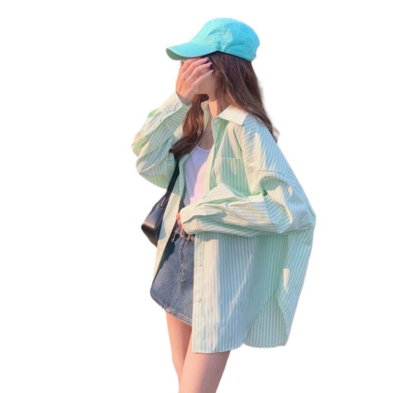 Ladies' Striped Shirt Women's Turn-Down Collar Long Sleeved Blouse Spring Summer New Korean Version Loose Versatile Top