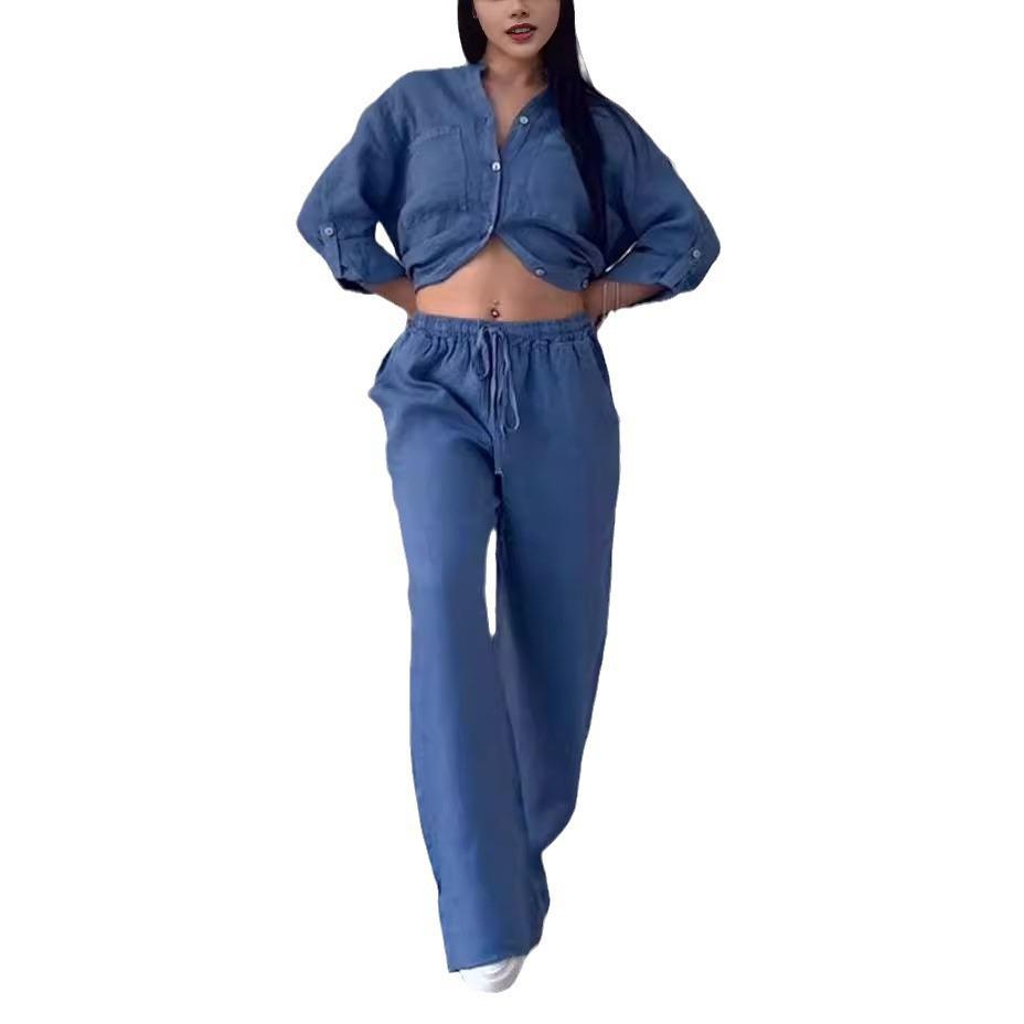 Set Camicia Casual in Cotone e Lino Stile Euro-Americano 2024 e Pantaloni Larghi con Coulisse - Bianco