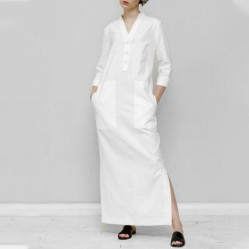 Long-Sleeved Solid Color Long Dress, Cotton and Linen Casual Loose-Fitting Pullover Elegant Long Dress with Slits, Cotton and Linen Dress White M