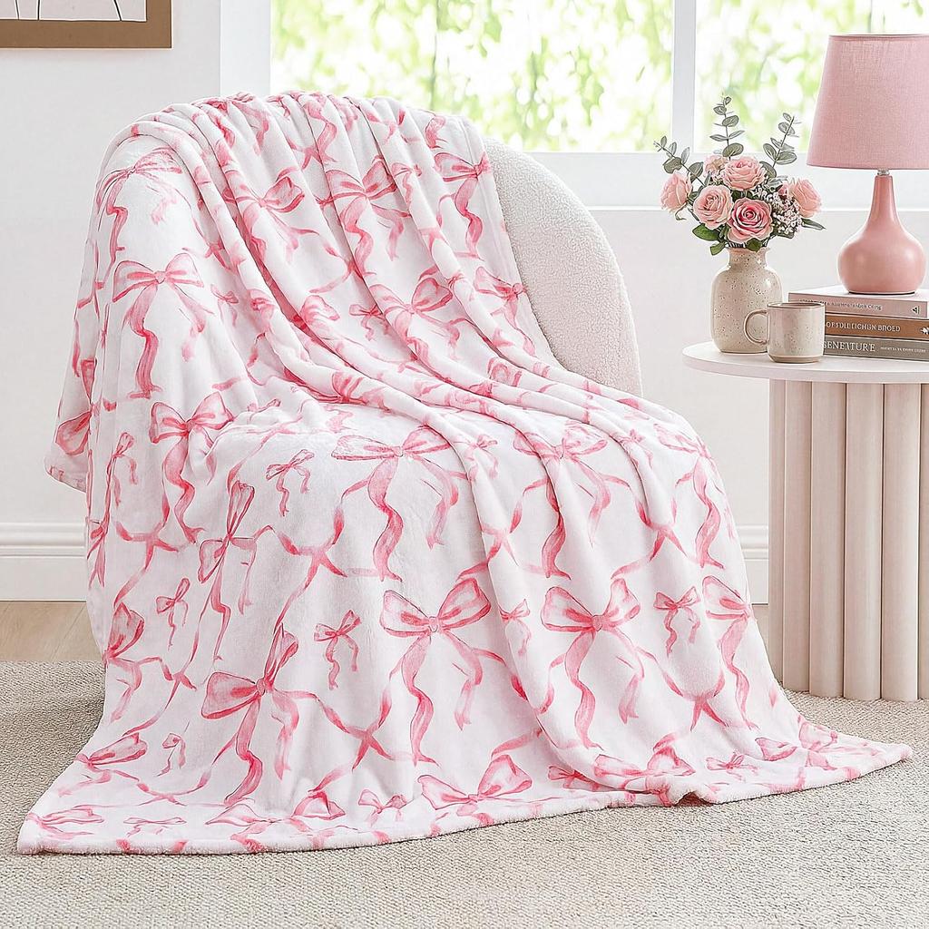 Watercolor Pink Bow Flannel Throw Blanket Aesthetic Coquette Ribbon Pattern Soft Lightweight Sofa Blanket