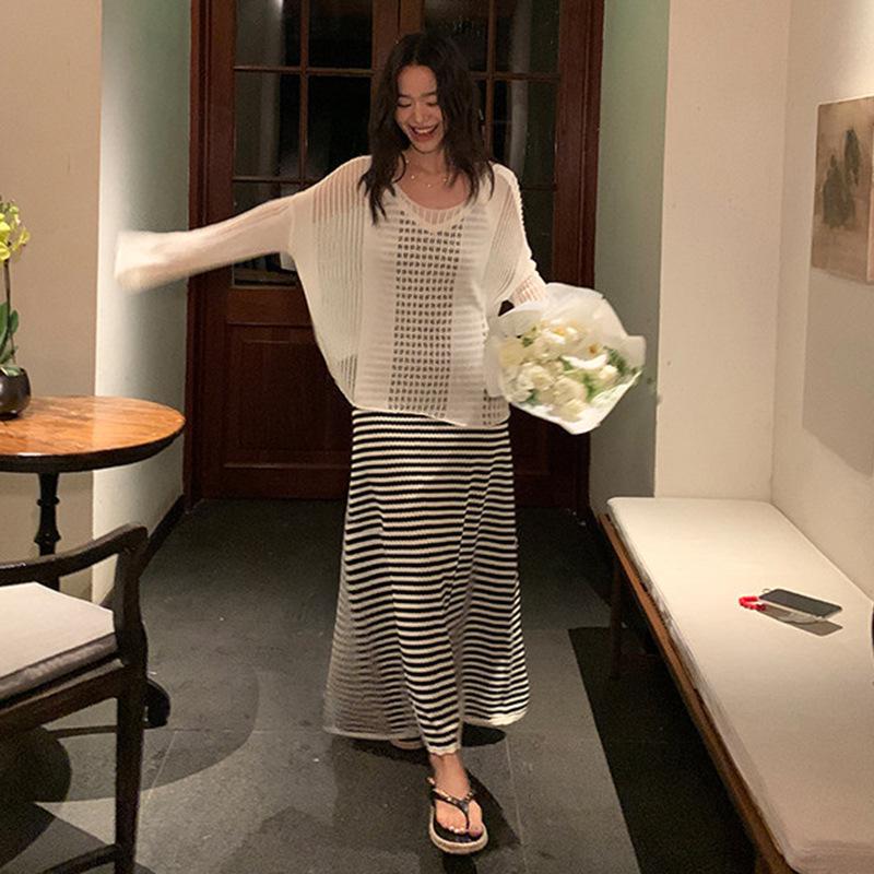 2026 Spring/Summer Striped V-neck Camisole Dress + Loose Knit Cardigan L