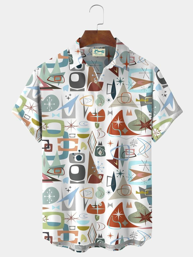 Sommer Herrenhemd mit 3D-Druck und geometrischer Kunstgrafik, Hawaii-Freizeithemden, kurzärmelig
