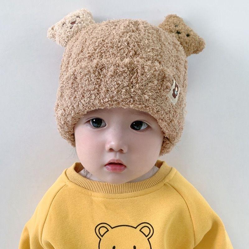 Bear Plush Baby Hat Autumn and Winter Baby Hat Scarf Integrated Two-piece Set Children's Thermal Ear Protection Hat Super Cute