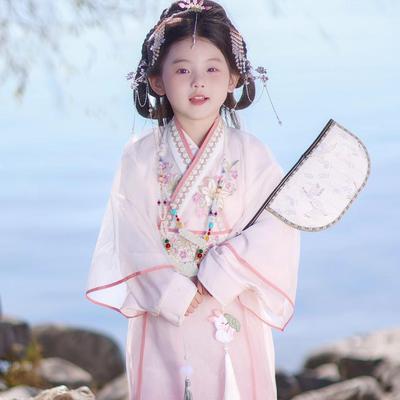Girls' Hanfu Set: Warring States Robe with Embroidery, Chinese Style, Spring/Autumn, Fairy-Inspired for Kids