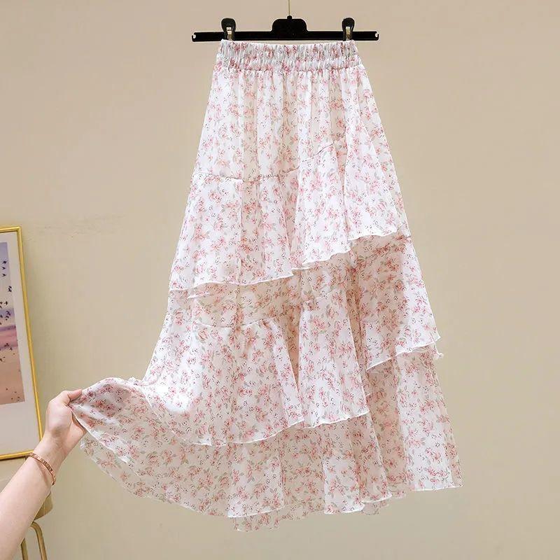 Floral Skirt Women Summer Sweet Ruffled A-line Chiffon Long Skirt Woman Korean Clothing