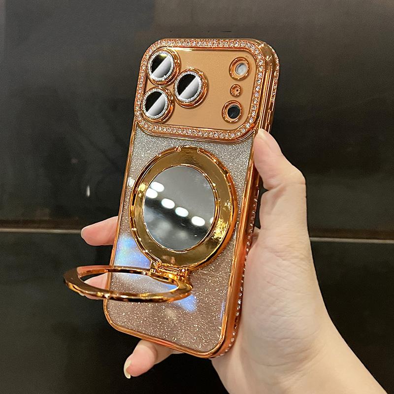 Gradient Glitter Diamond Magnetic Case For 17 16 15 14 13 12 11 ProMax Plus For Magsafe Mirror Stand Cover For Air