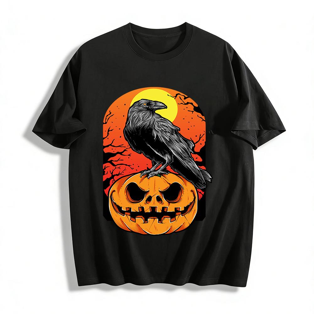 

Halloween Raven Pumpkin Head Graphic Casual Top Pure cotton T-shirt 6XL