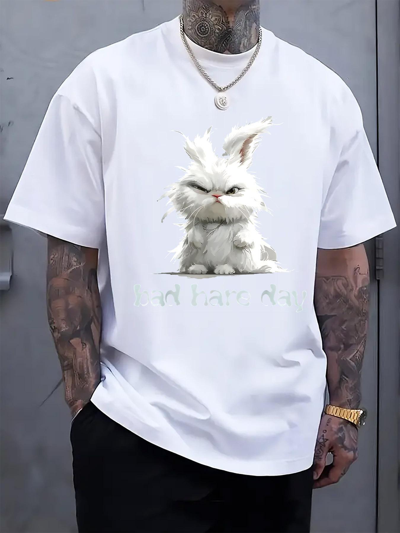 Casual Bad Hair Day Graphic T-shirt - Black with White Rabbit Print XXL