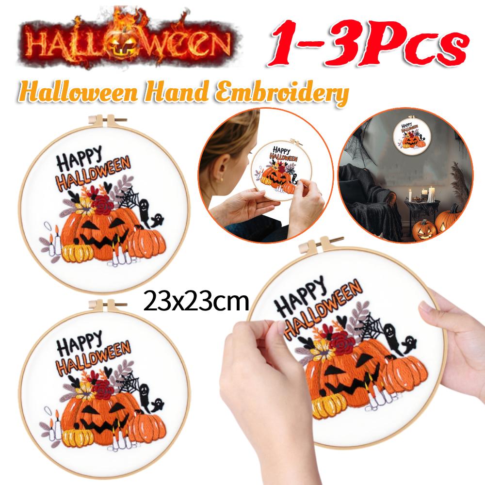1/2/3 Pcs Halloween Hand Embroidery Counted Stamped Embroidery Kit DIY Cross Stitch Halloween Craft Needlework for Home Decor