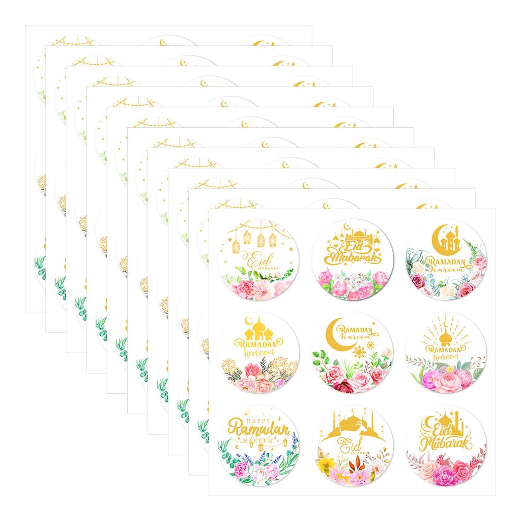 90Counts Eid Mubarak Sticker 4cm Round Wrapping Label Flower Wrapping Sticker for Seal Envelope Card Candy Bag Packaging