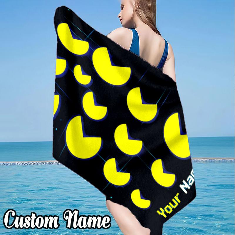 Custom Name Pac Game Beach Towel - Soft, Ultra-Absorbent Microfiber, Lightweight, Perfect for Beach, Parties, Travel, Camping