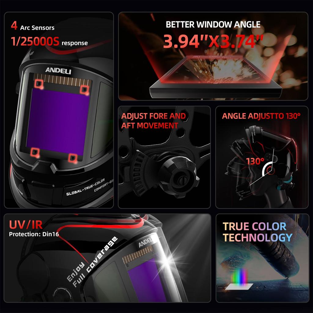 ANDELI Welding Mask 4 Arc Sensor Automatic Filter Automatic Shading Welding Mask Shading Level Welding Mask TIG Arc Welding Compatible Welding Helmet