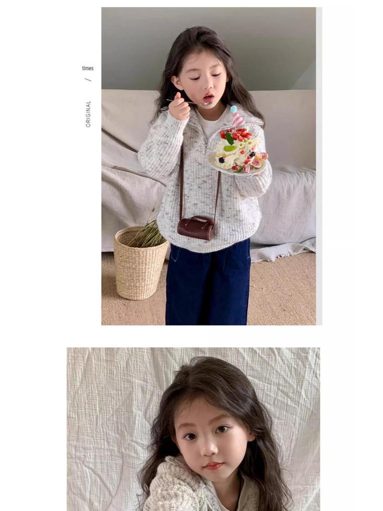 2025 Girls' Autumn/Winter Korean-Style Zippered Knit Sweater Coat