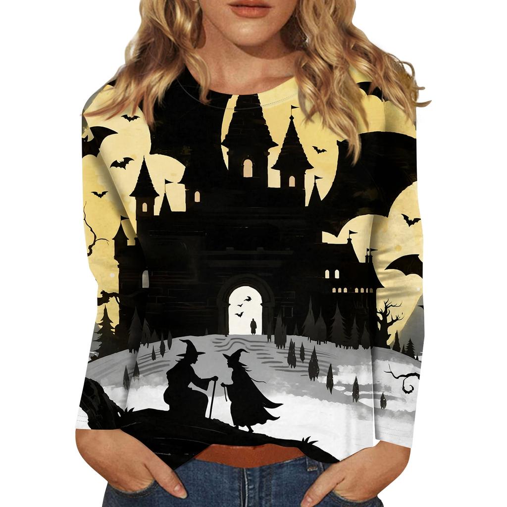 Women's long-sleeved loose-necked Halloween print casual top, suitable for holiday parties