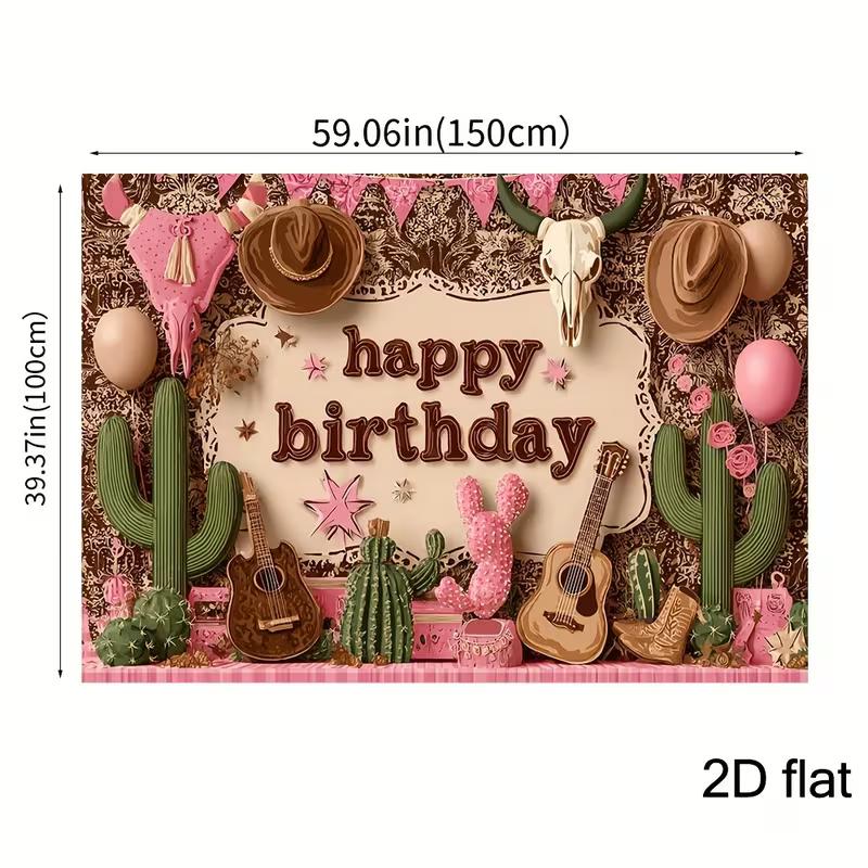 2D Pink Brown Country Cowboy Hat Boot Birthday Photography Backdrop Decor