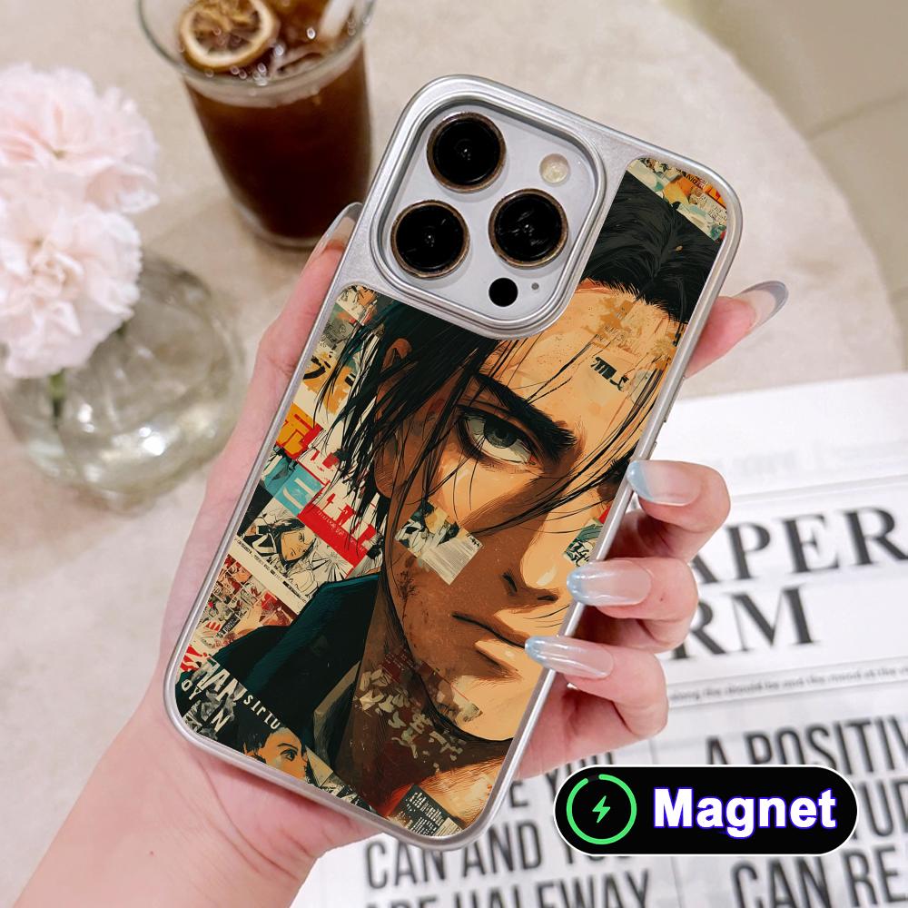 Custodia Cellulare Magsafe Placcata Argento AOT Eren Yeager per iPhone 17 16 15 14 13 12 11 Air Pro Max Plus Copertura Colorata