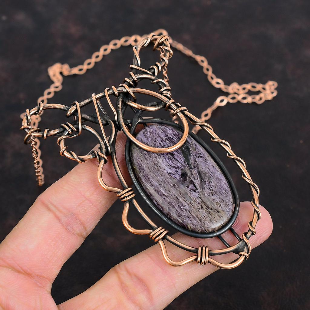 Charoite Necklace Copper Wire Wrapped Adjustable Chain Necklace Gemstone Necklace Copper Wire Wrap Jewelry Handmade Necklace Gifts For Women