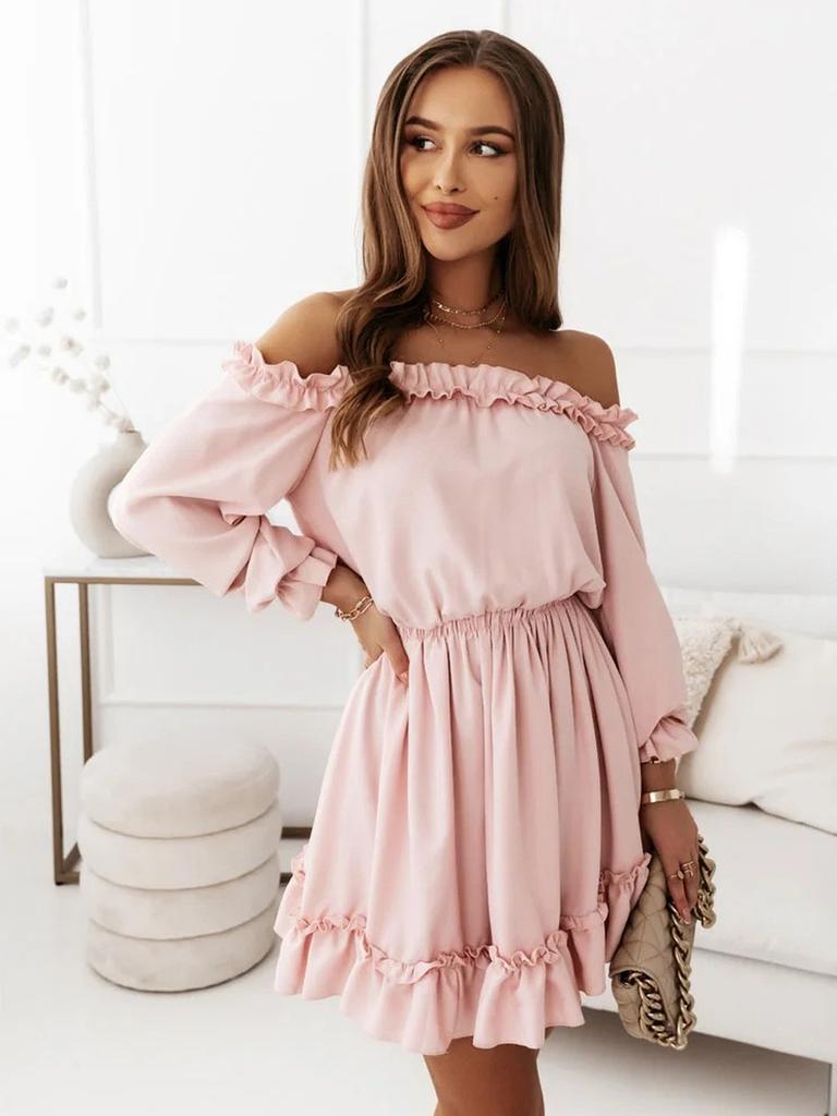 New Summer Women's Solid Color Sweet One-Shoulder Long Sleeve Slim Fit Dress