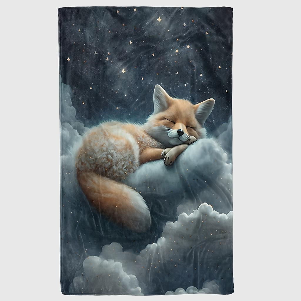 Cozy Fox & Clouds Flannel Throw Blanket - Hypoallergenic Polyester All-Season Bedspread, Dark Blue/Black Night Sky with