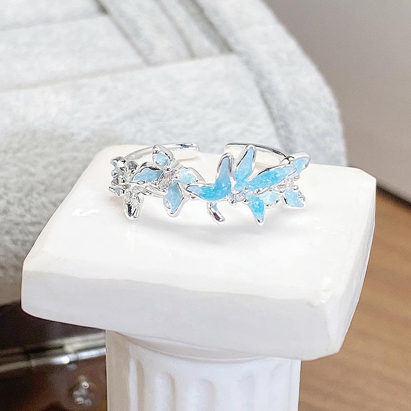 Spring And Summer Small Fresh Mint Green Enamel Dripping Oil Butterfly Opening Ring Personalized Niche Light Luxury High-End Ring