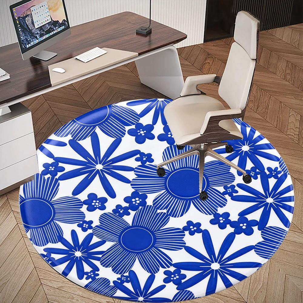 1pc Floral Pattern Blue Round Chair mat office Area Rug - Non-Slip, Floor Mat for Office, Bedroom, Ideal home decor gift p0105063