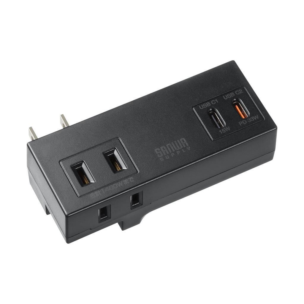 Sanwa Supply PD33W Power Strip AC Outlets 2 USB with Swing (2 + Type-C Outlets) Plug, Compact, Mobile, Black, TAP-MC2AC2BK