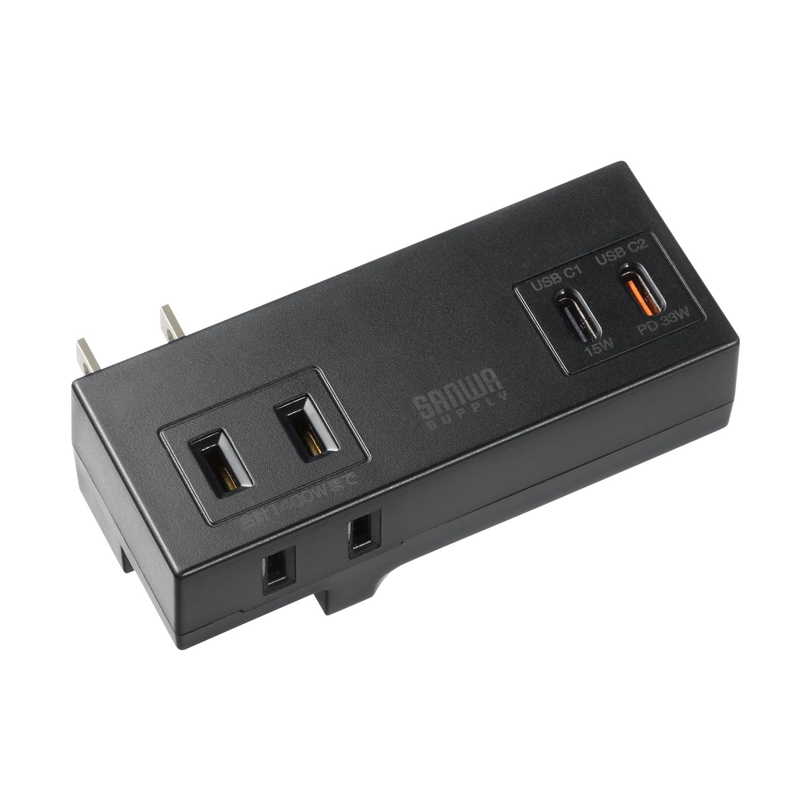 

Sanwa Supply PD33W Power Strip AC Outlets 2 USB with Swing (2 + Type-C Outlets) Plug, Compact, Mobile, Black, TAP-MC2AC2BK чорний
