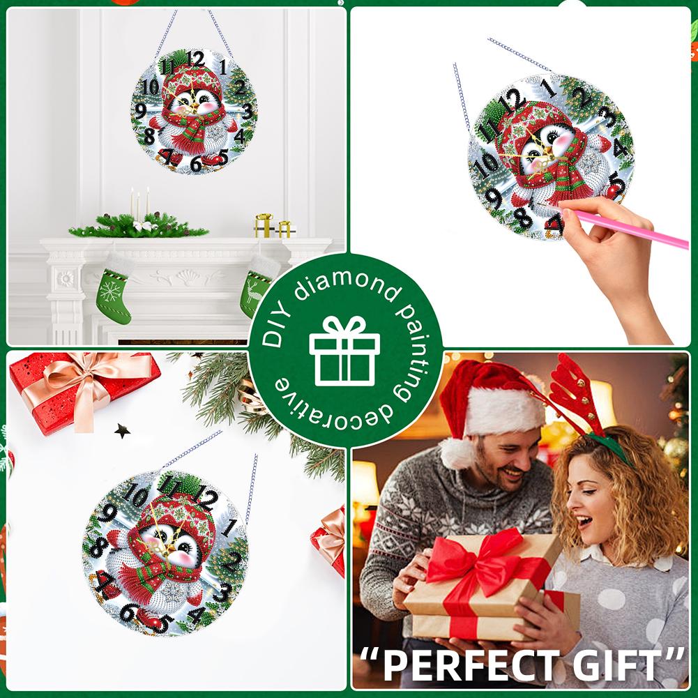 2D Flat DIY Xmas 5D Hanging Clock Art Craft Irregular Shaped Drilling Diamond Art Clock Pendant Kit for Living Room Decoration