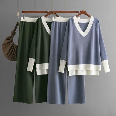 2024 Autumn Fashion Casual Pants Suit Women Winter New V-neck Contrast Color Sweater Loose Wide Leg Pants Women Two-piece Sets