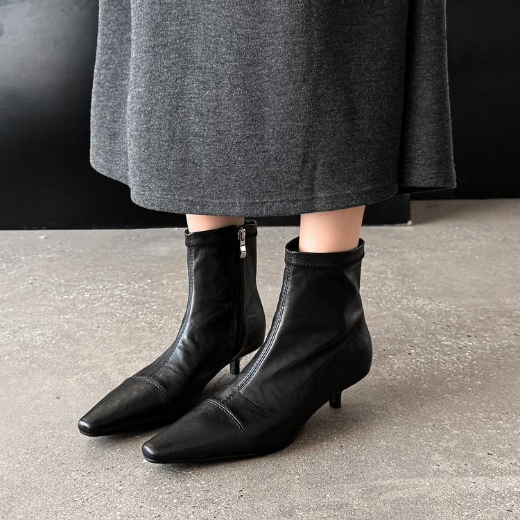 2025 inside and outside full leather small short boots thin heel square head side zipper sheepskin low heel short boots lamb fur boots tide