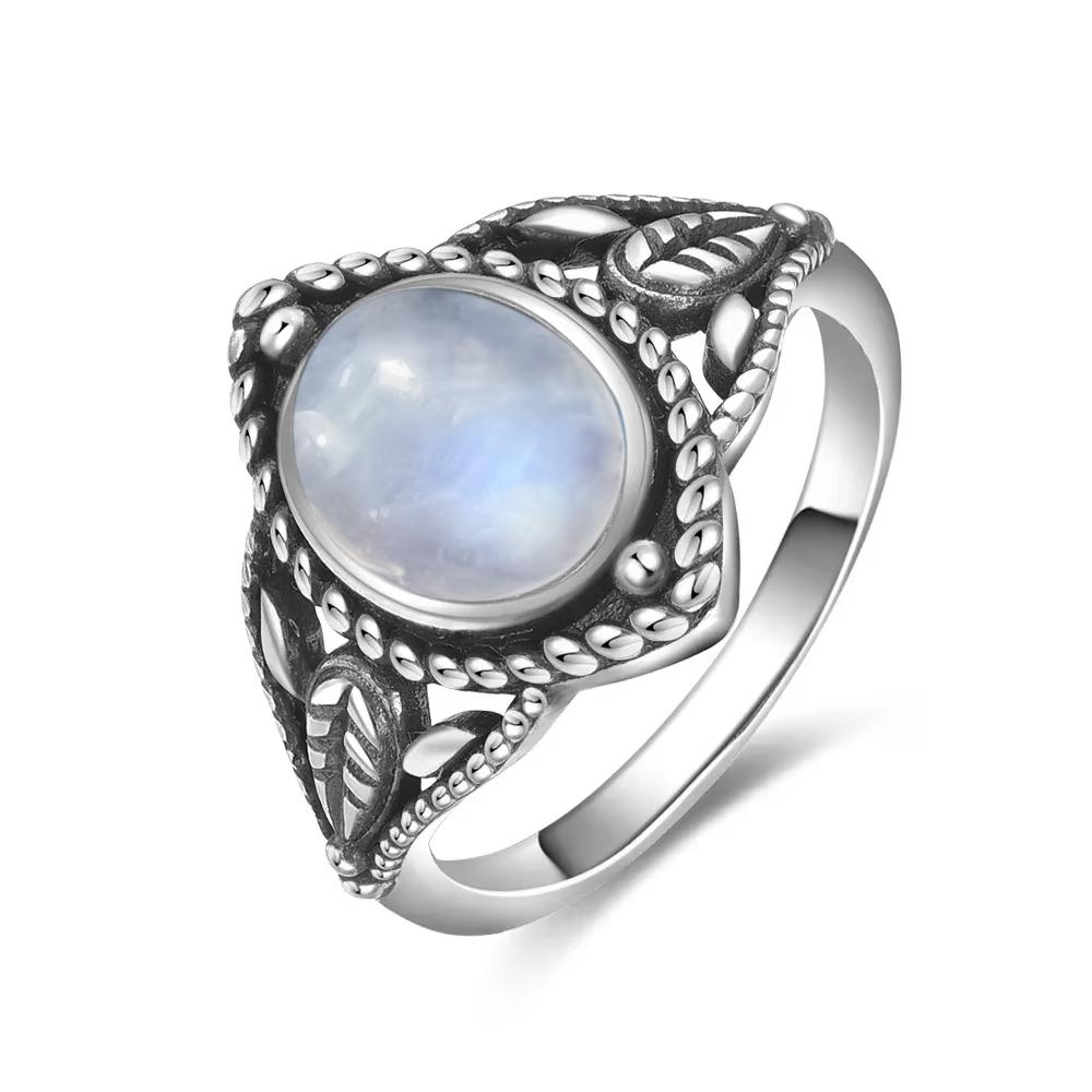 Vintage 925 Sterling Silver Natural Moonstone Rings Bohemia Oval Shape Retro Ring Gifts Fine Jewelry for Women Men