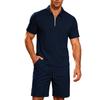 Summer Men Jacquard Textured Matching Set Half Zip Collar Polo Short Sleeve Top Drawstring Waist Shorts Golf Beach Two Piece Tracksuit