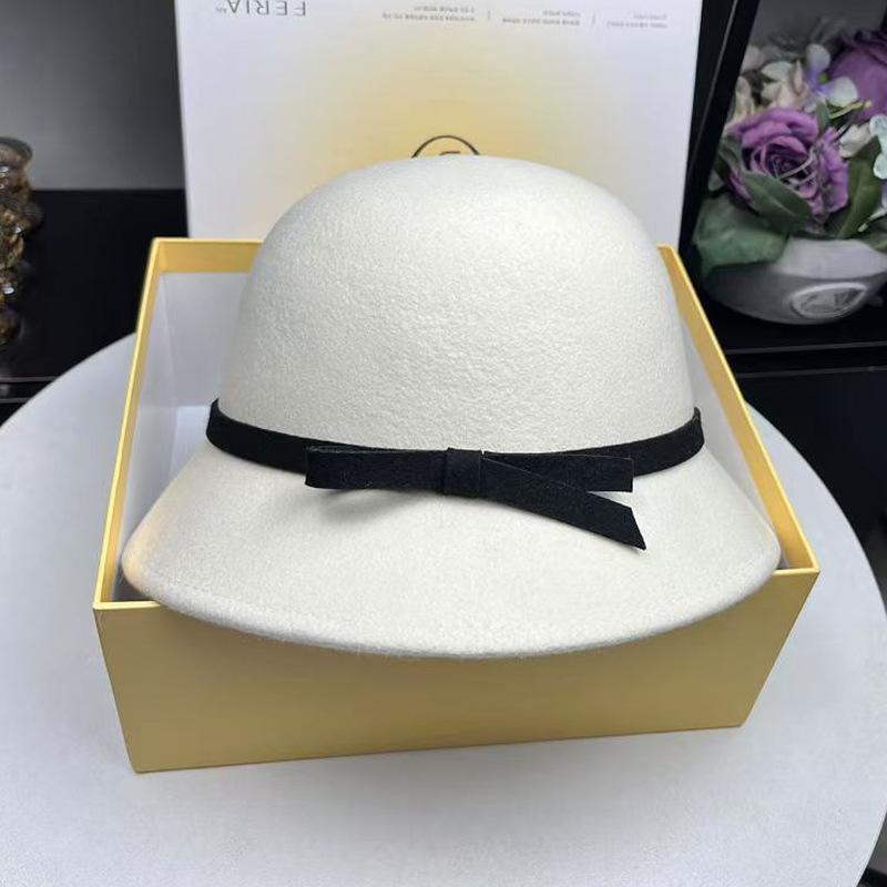 Hepburn small fragrant wind wool styling basin hat women's autumn and winter simple and elegant bow bucket hat small brim hat