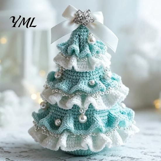 DIY Wool Yarn Craft Set Crochet Christmas Tree Kit, Beginner-Friendly Xmas Kit with Bow Soft Fluffy Handcraft And Faux Pearl Embellishment,