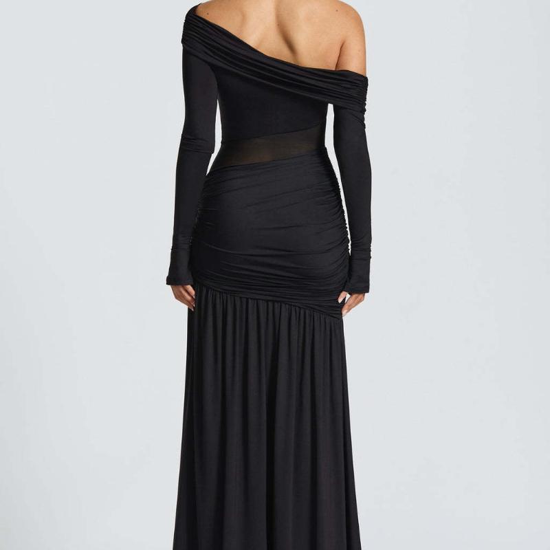 European and American One Shoulder Folded Waist Perspective Off Shoulder Mesh Women's Sexy Long Dress