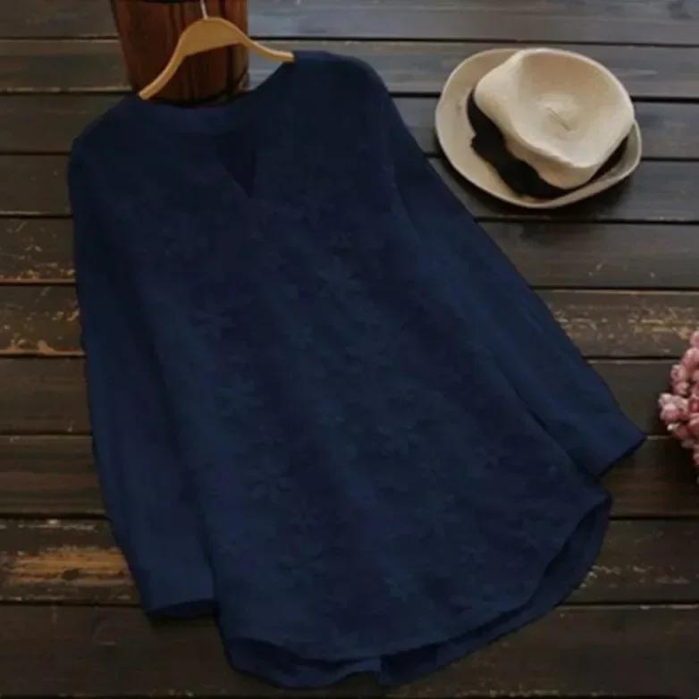 

Вышитая кружевная повседневная женская блузка, модная свободная белая элегантная рубашка больших размеров с V-образным вырезом и длинным рукавом 3XL темно-синий