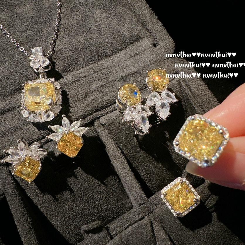 Cinderella Twilight Topaz Necklace, Rich Family Gold, 18K Gold Plated, Goose Yellow High Carbon Zircon Ice Flower Earrings