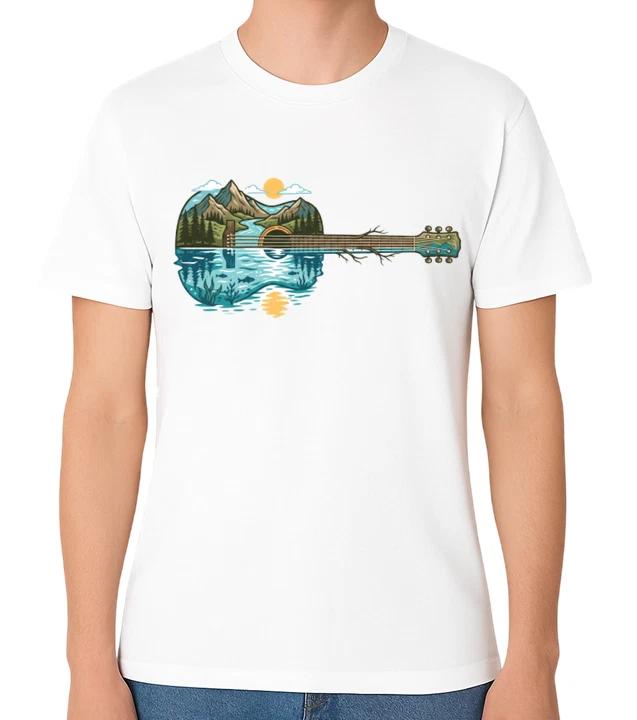 Mountain Guitar Lake Scene Unisex Graphic T-Shirt Music Nature Tee 2 S