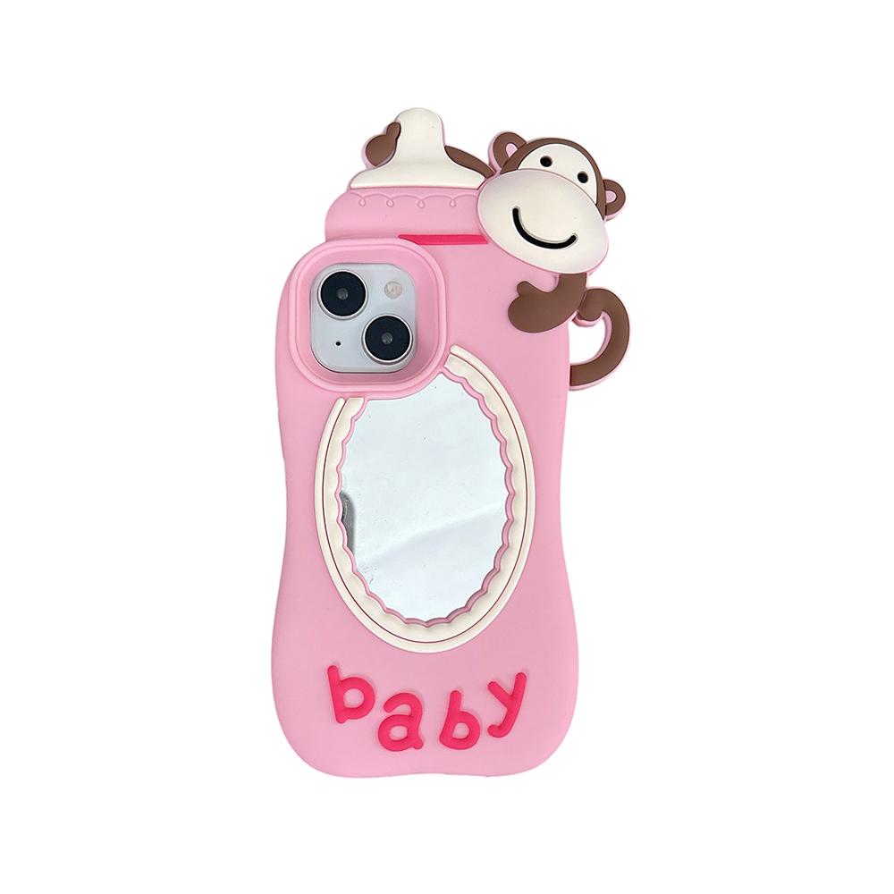 

Funny 3D Cartoon Monkey Milk Bottle Mirror Silicone Phone Case Shockproof Cover For iPhone 17 16 15 14 13 Pro Max iPhone 16 рожевий