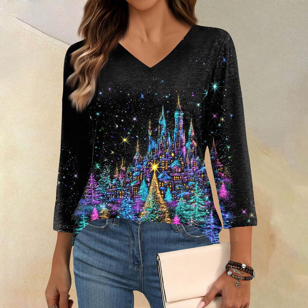 Trendy Vintage 3/4 Sleeve Top For Women,Ladies Casual Three Quarter Sleeve V-neck Printed T-Shirt Blouse