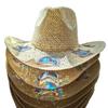 Solvanger Cowgirl Stråhatt Prismatisk Hatt med Bred Brem Vestlig Cowboyhatt med Iridescent Måne Stjerne/Hjerte Håndvevd Sol Strandhatt med Solbriller for Kvinner