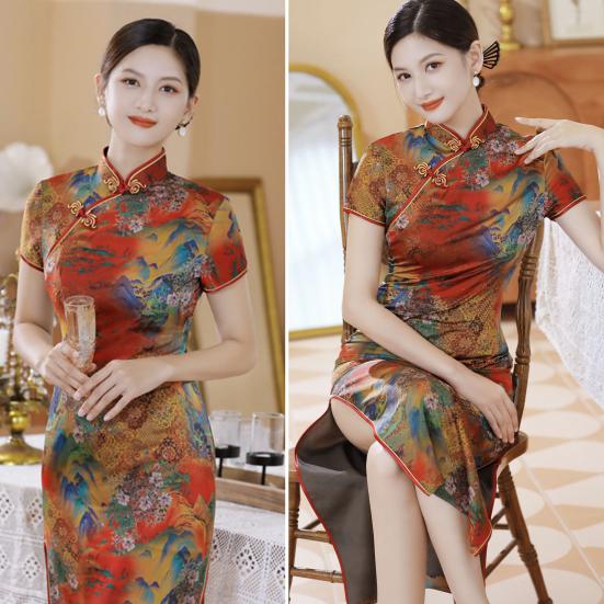 Lady Cheongsam Smooth Dress Tight Chinese Up Waist Style Landscape Painting Print Split Hem Traditional Qipao
