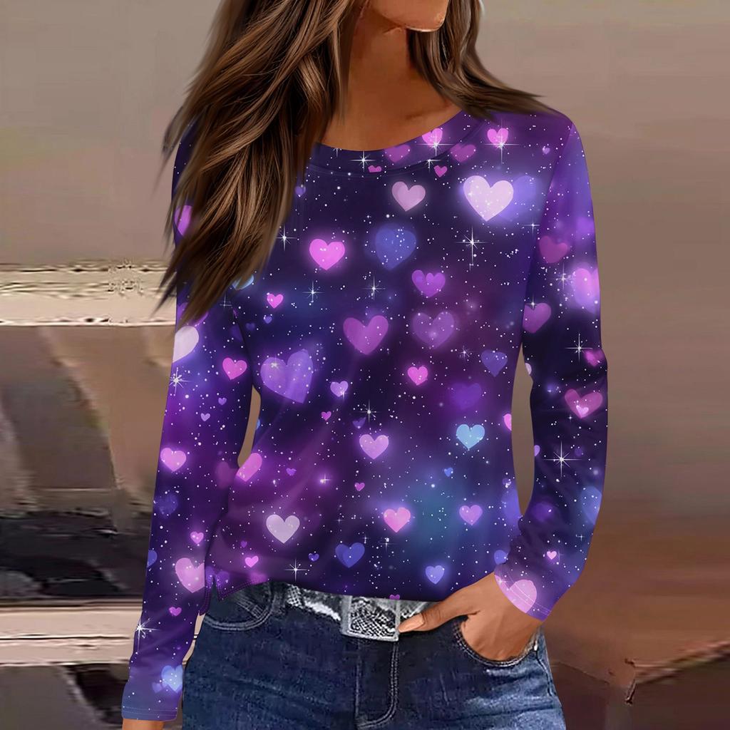 Women's Fashionable Long-Sleeved Round Neck Top with Slit Hem and Valentine's Day Heart Print