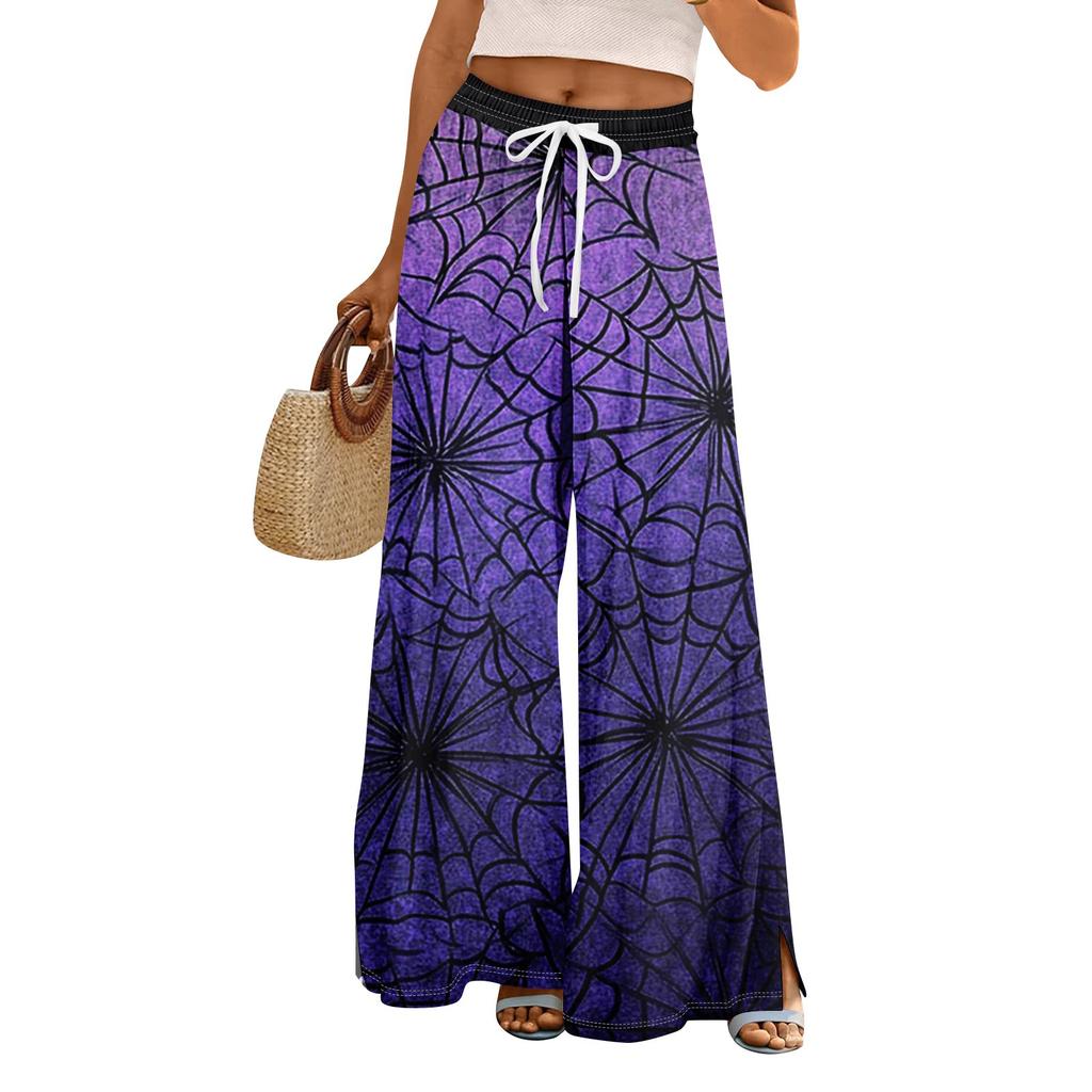 Women Summer Boho Palazzo Pants High Waist Wide Leg Halloween Printing Casual Trousers With Pockets