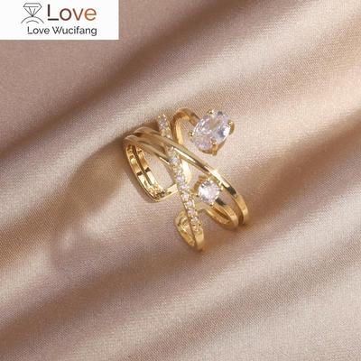 Korea  Design Fashion Jewelry 14K Real Gold Plating Multilayer Zircon Ring Elegant Women's Opening Adjustable Ring