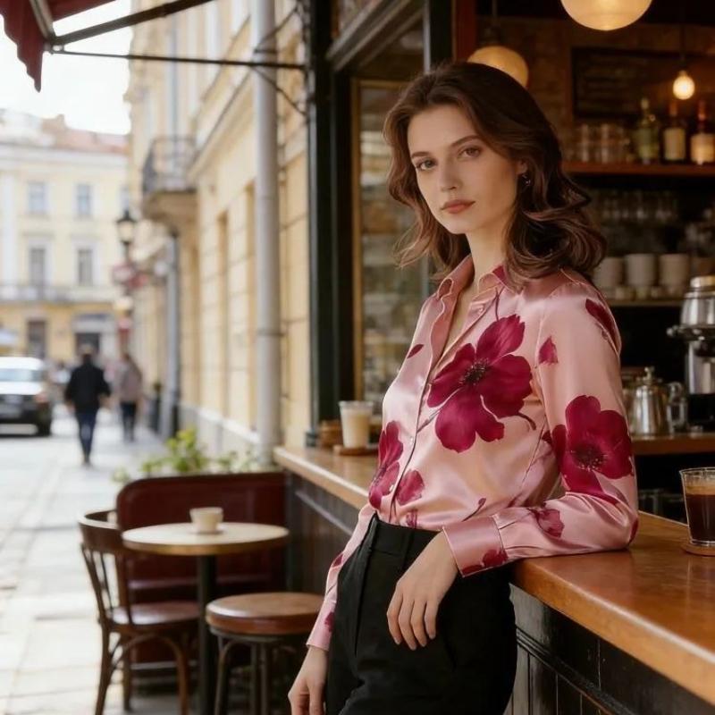 Floral Printed Satin Blouse, Perfect for Everyday Wear and Business Meetings
