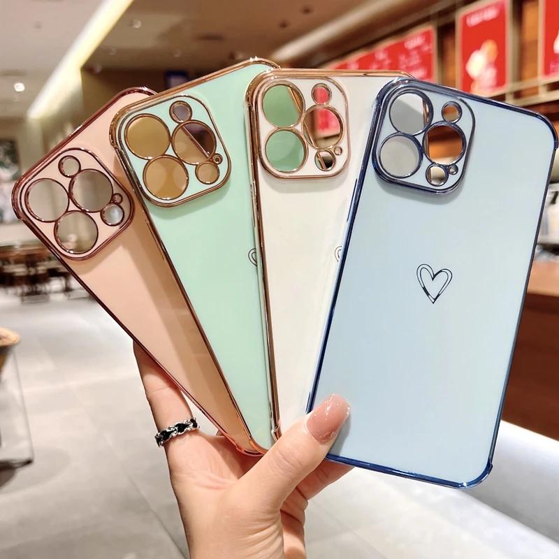Luxury Electroplated Love Heart Phone Case For iPhone 11 12 13 14 15 16 Pro Max XS X XR Max Plus Soft Silicone Cover